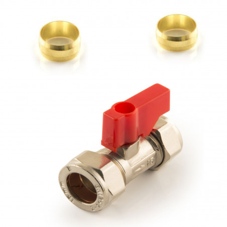 Lever Operated Isolating Valve Red Handle 15mm Chrome+2 Olives