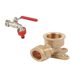 1/2" Garden Bib Tap Water Lever Type Valve Red Handle with Garden Hose Plug & Compression Fitting Wall Plate Elbow, 15 mm - Bras