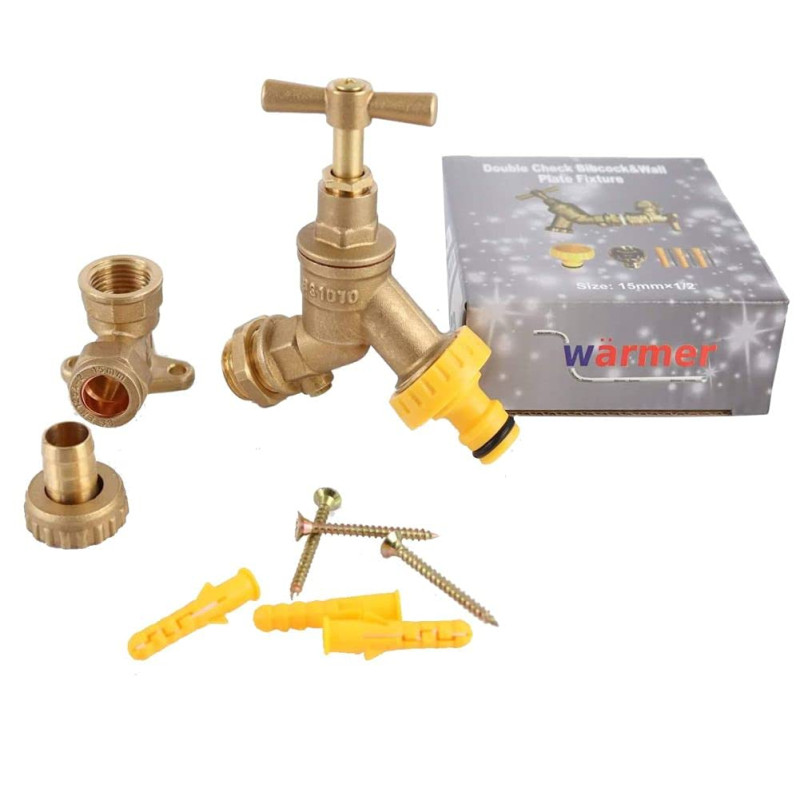 Wärmer System Water Outdoor Double Check Brass Bibcock Tap 1/2''BSP with Wall Plate Elbow Fixture