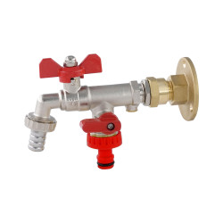 Wärmer System Double Outlet Outside Tap with Check Valve and Through The Wall Wallplate Flange Adaptor, 1/2 x3/4 x3/4 Garden Tap